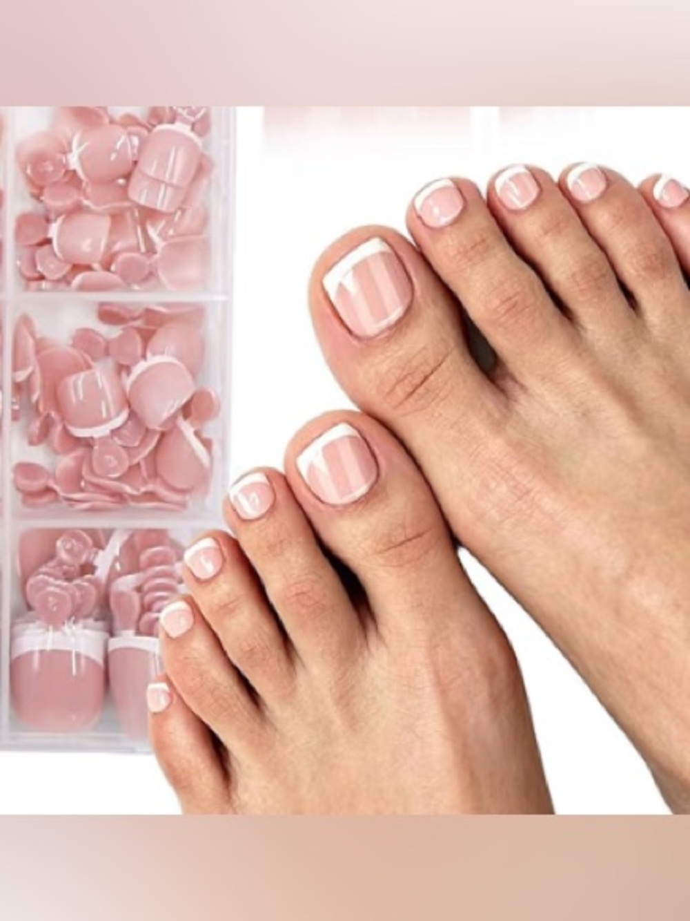 New - 240pc Glossy French Tip Press-On Toenails | Quick & Easy DIY Pedicure Set